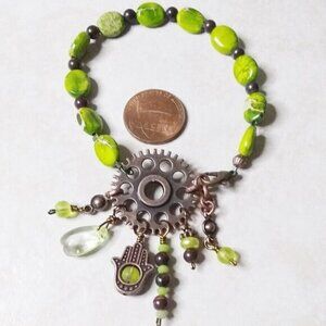 Green Sea Sediment Jasper & Copper Bracelet! Steampunk Elements w. Hamsa Hand
